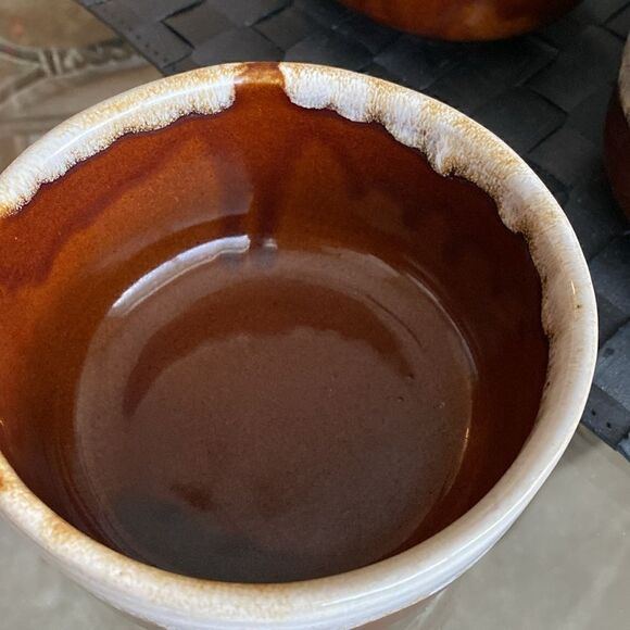 Vintage Western Stoneware Pottery Set Of 6 Brown Drip Chili Soup Mug Maple Leaf - Picture 7 of 10